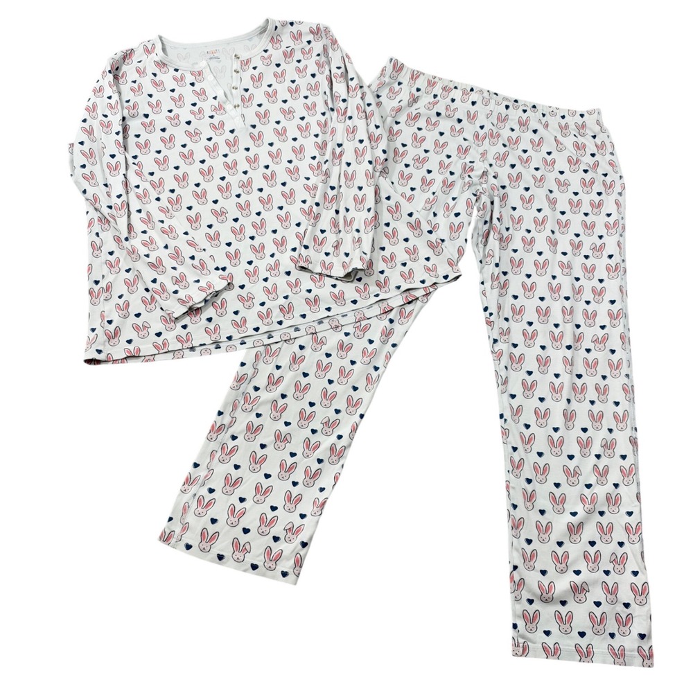 Roller Rabbit Pajama Set Women Large White Bunny Heart Print Henley Long Sleeve